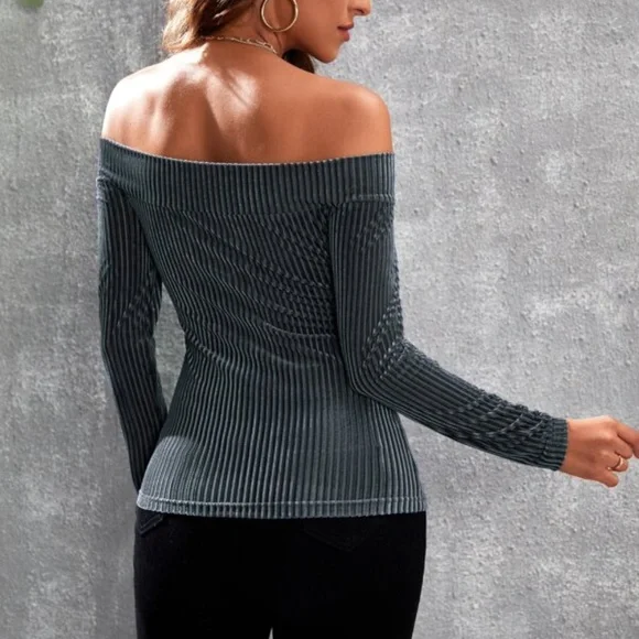 Army Green Off Shoulder Ribbed Fitted Sexy Top - Picture 6 of 15